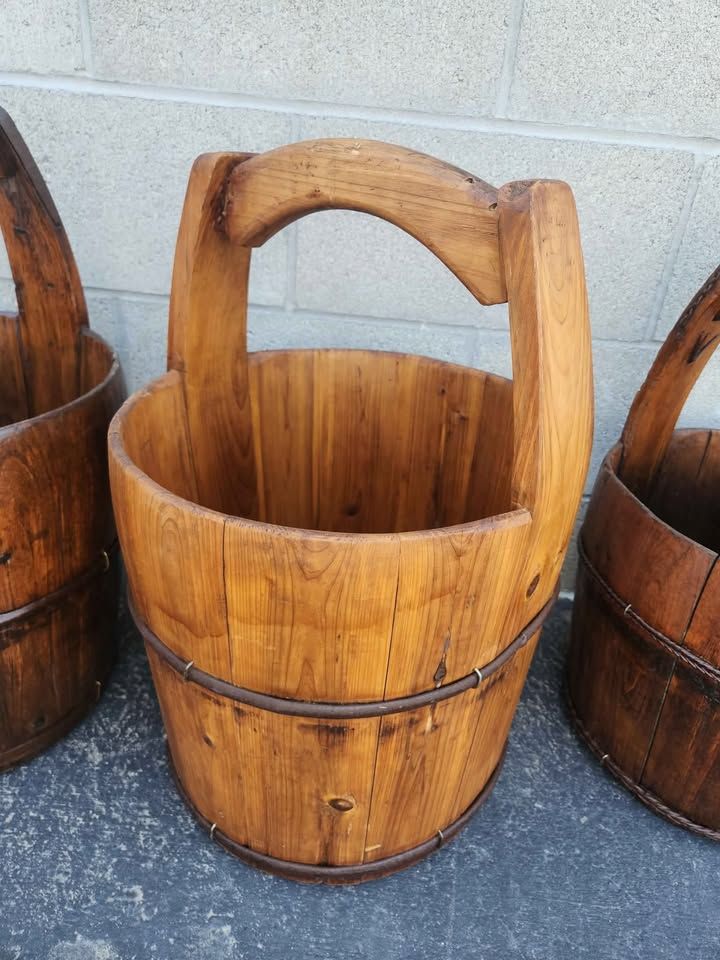 Great Planters or Vintage Home Decor Baskets - Rustic Wood Handled Bucket Farm Barn Cabin Western, photo 3