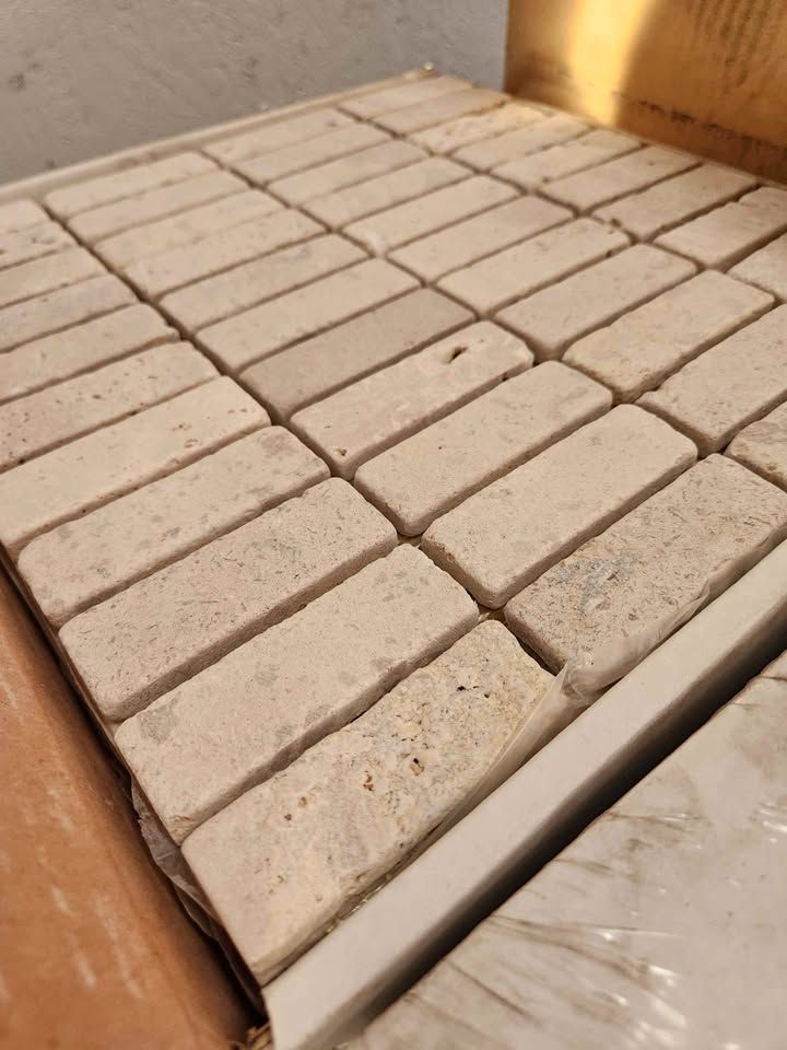 12x12 Travertine Brick Mosaic Tile Sheets - Mesh Backed Beige Rectangular Stone, photo 1