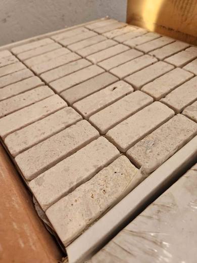 12x12 Travertine Brick Mosaic Tile Sheets - Mesh Backed Beige Rectangular Stone