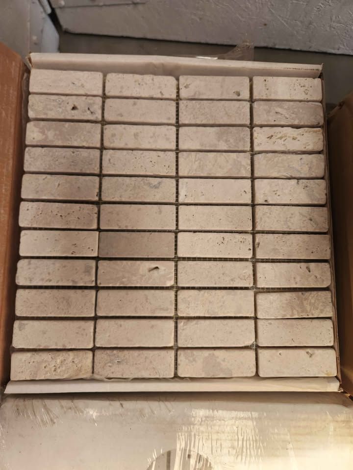 12x12 Travertine Brick Mosaic Tile Sheets - Mesh Backed Beige Rectangular Stone, photo 2