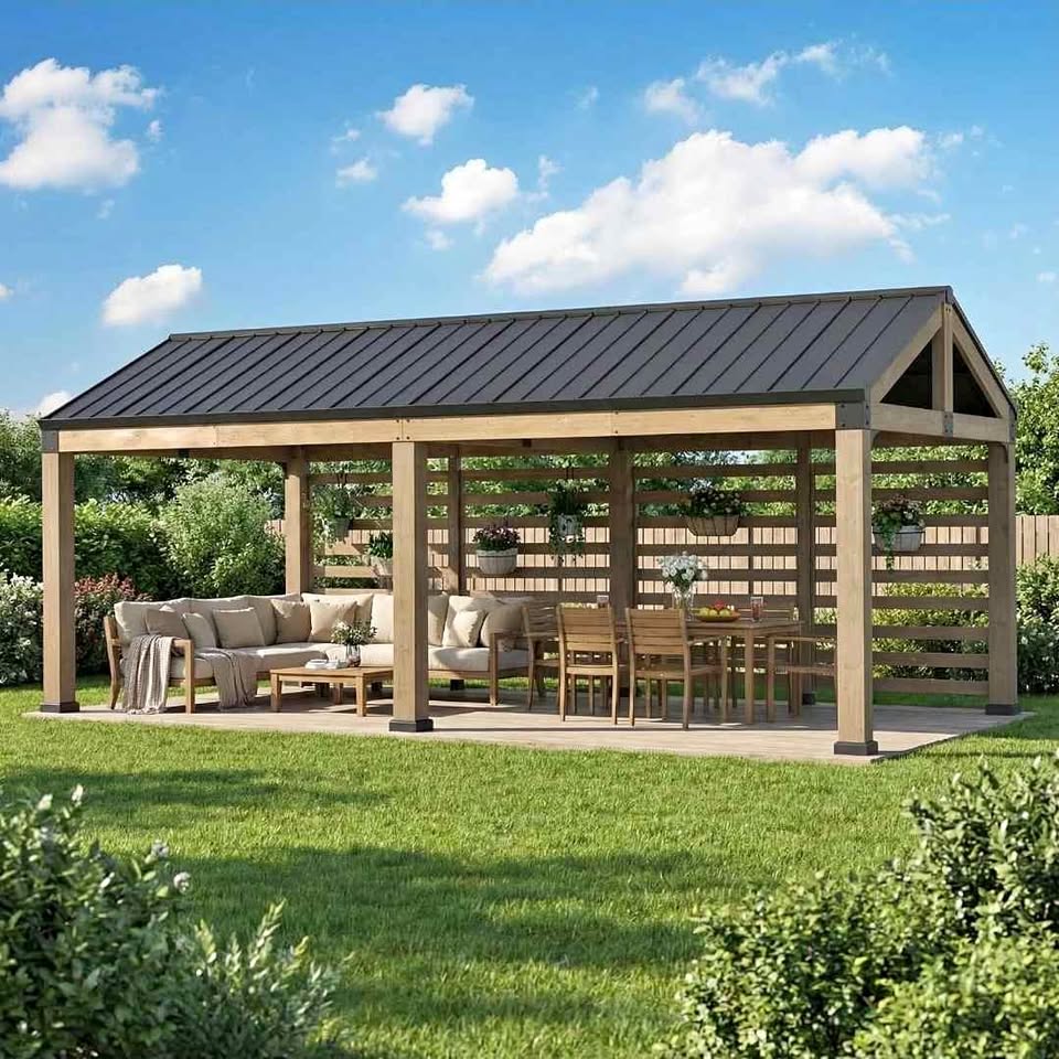 Sunjoy Newville 10x22 Cedar Carport / Gazebo with Privacy Wall, Steel Roof & Gutter, photo 3