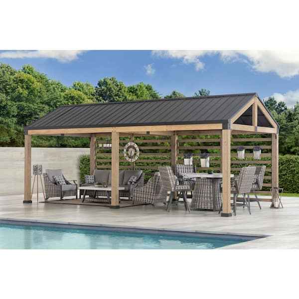 Sunjoy Newville 10x22 Cedar Carport / Gazebo with Privacy Wall, Steel Roof & Gutter, photo 5