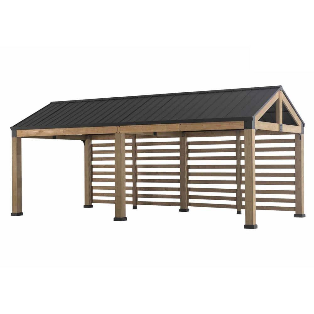 Sunjoy Newville 10x22 Cedar Carport / Gazebo with Privacy Wall, Steel Roof & Gutter, photo 1