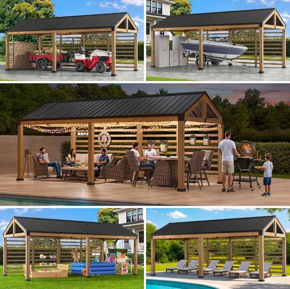 Sunjoy Newville 10x22 Cedar Carport / Gazebo with Privacy Wall, Steel Roof & Gutter, photo 13