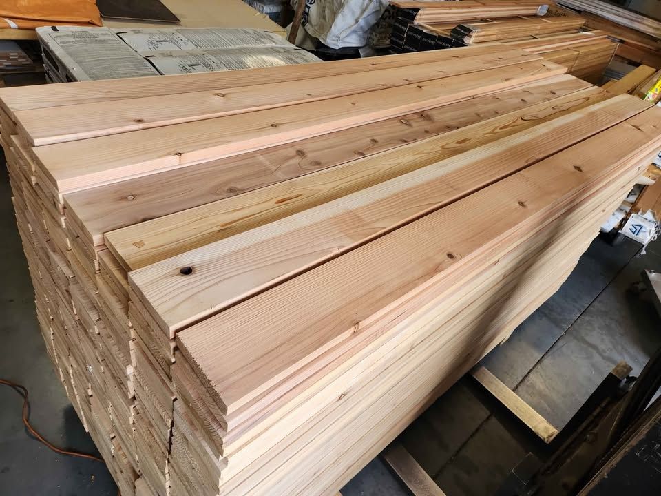 Stack of Japanese Sugi cedar 5/4x6 decking boards in the GH Sales warehouse